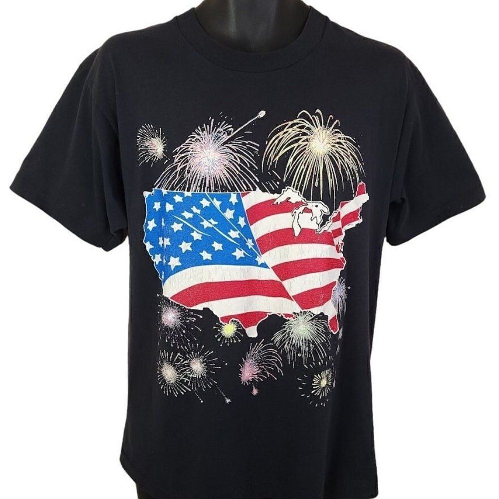 4th Of July Fireworks T Shirt Vintage 90s American Flag Made In USA Mens Medium